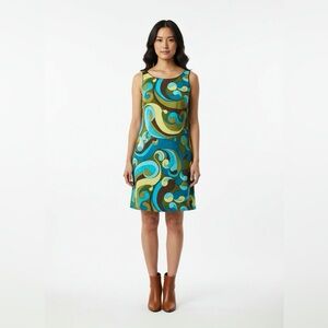 Sleeveless Swirl Print A-Line Dress in Teal and Olive